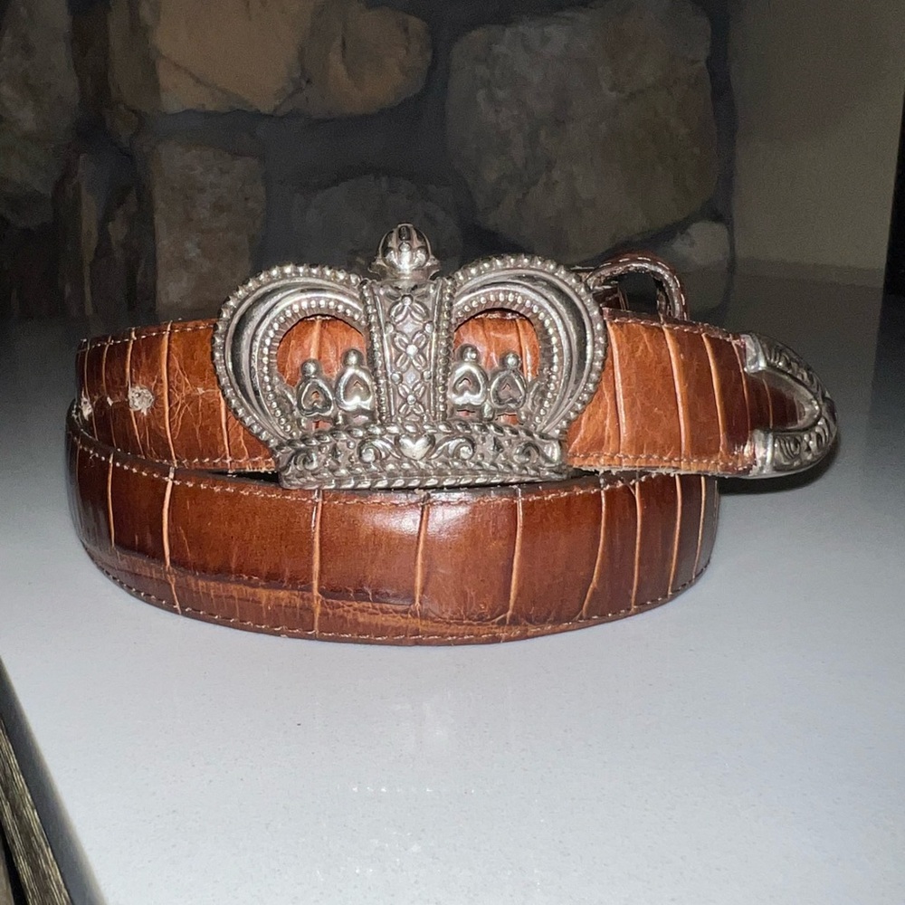 Brighton Vintage Silver Crown Buckle Mock Croc Brown Leather Waist Belt M/L